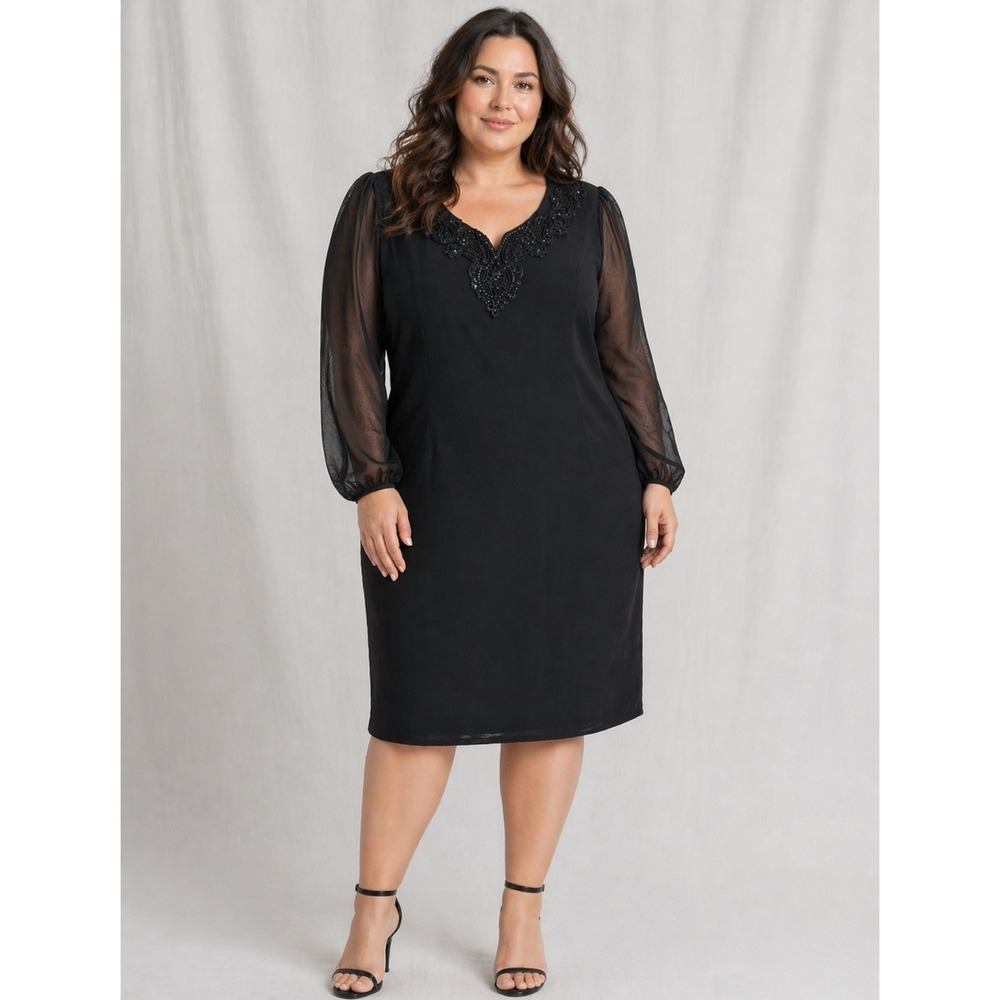 Vintage Michael Marcella Black Sheer Sleeves Evening Cocktail Dress Size 18W